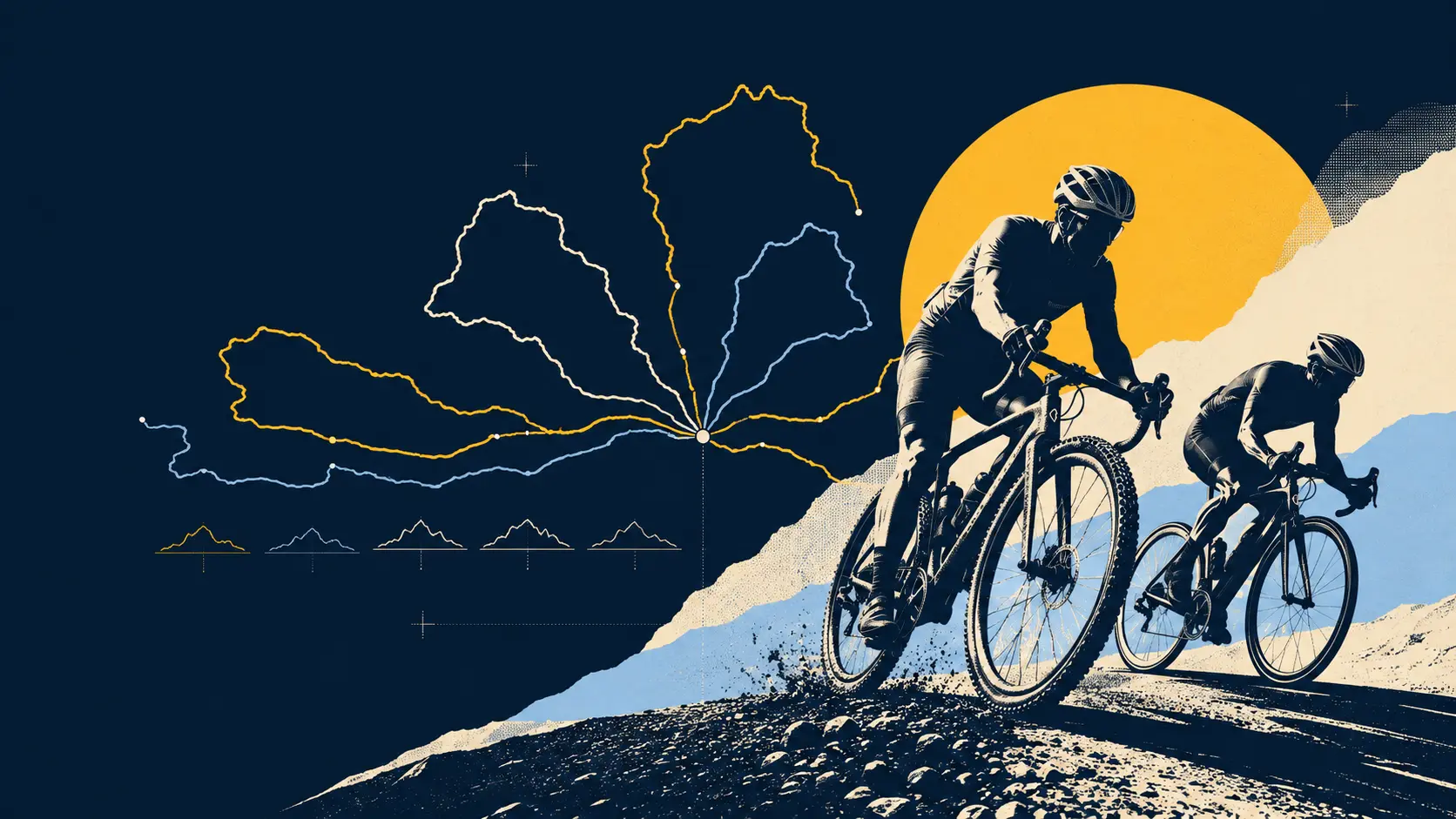 Gravel- und Rennradfahrer vor sechs stilisierten GPX-Strecken